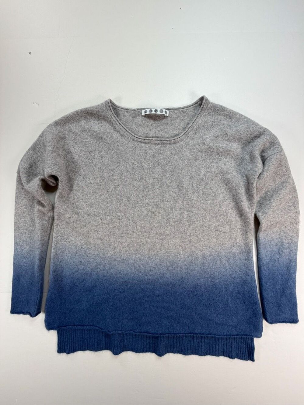Kokun 100% Cashmere Sweater Size S Gray Blue Ombre Dip Dye Pullover Luxury Knit